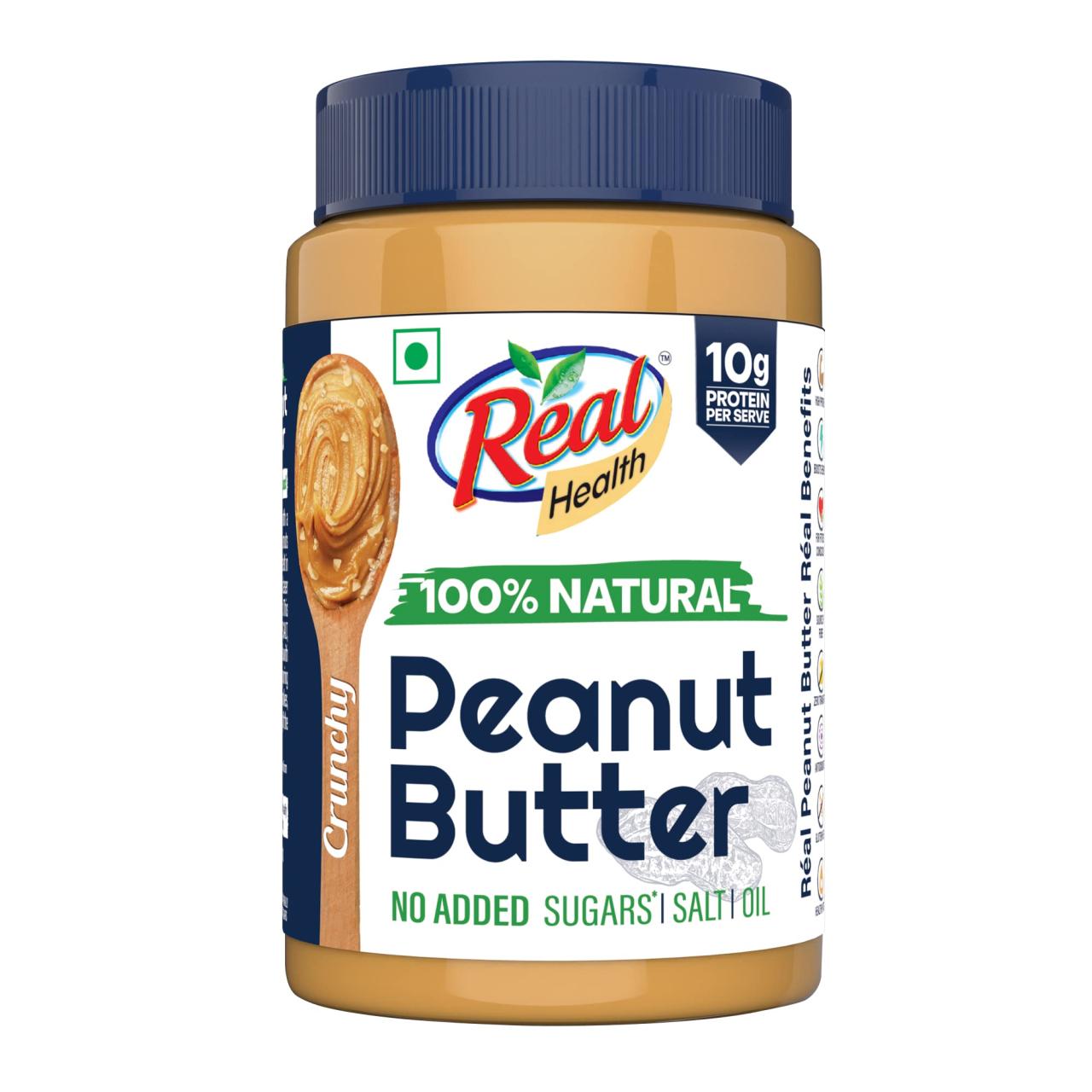 Real Health 100% Natural Peanut Butter (Crunchy) - 1Kg | Unsweetened | High  Protein With 10G
